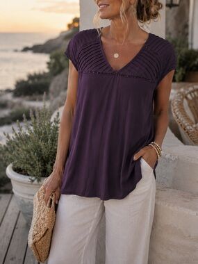 Plum Purple V Neck Blouse Top XXL Short Sleeve Relaxed Fit Coastal Grandma